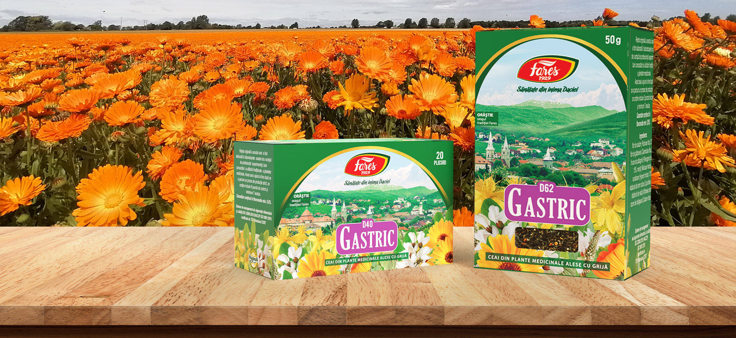 Ceaiurile gastrice de la Fares amplasate pe o masa intr-un cadrul natural.